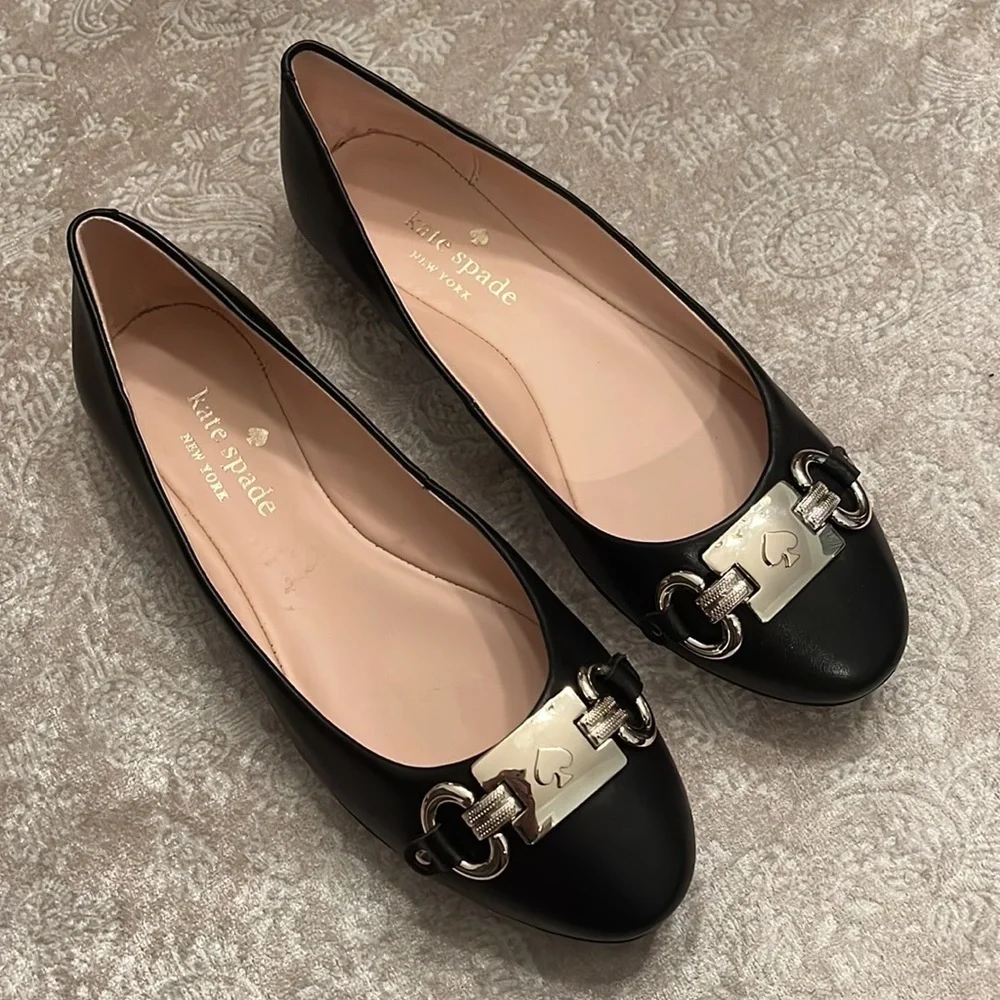 Brand New Kate Spade Genuine Leather Black Flats Slip On Shoes Silver Tone Logo